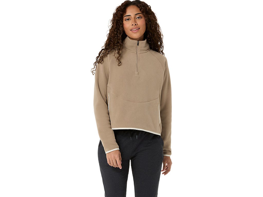 REFINED TEXTURE FLEECE HALF ZIP LS TOP - Greige